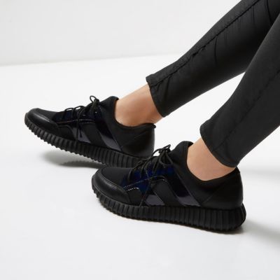 Black ribbed patent panel trainers